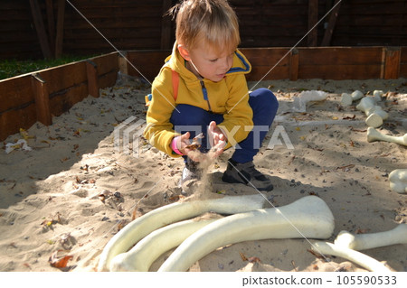 Good leisure for a child. Teaching a child through play. A handsome boy 3 oldl in a yellow jacket excavates the remains of dinosaurs. High quality photo. High quality photo 105590533