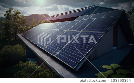 Installing a Solar Cell on a Roof. Solar panels on roof. Workers installing solar cell farm power plant eco technology. High quality photo 105590534
