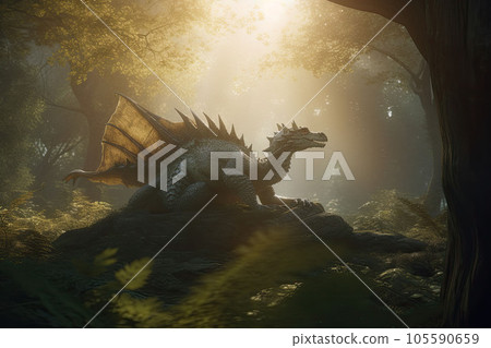 A mighty forest dragon sleeps in the sunlight, in the middle of an ancient forest. Generative AI 105590659