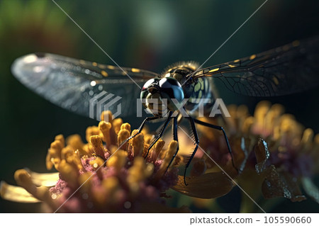 A macro shot of a dragonfly with delicate transparent wings on a flower. Generative AI 105590660