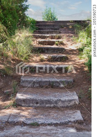 Old stone stairs with green trees and bushes in forest in sunny day Old stone stairs with green trees and bushes in forest in sunny day 105590713