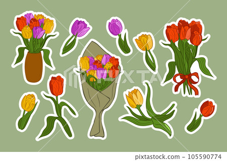 Set of flat vector colorfull tulips stickers Set of flat vector colorfull tulips stickers 105590774