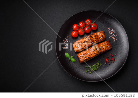 Delicious fresh grilled red fish with salt, spices and herbs Delicious fresh grilled red fish with salt, spices and herbs 105591188