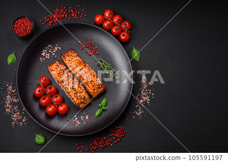 Delicious fresh grilled red fish with salt, spices and herbs Delicious fresh grilled red fish with salt, spices and herbs 105591197