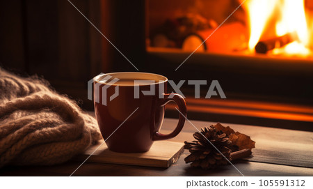 Mug of hot drink near fireplace 105591312