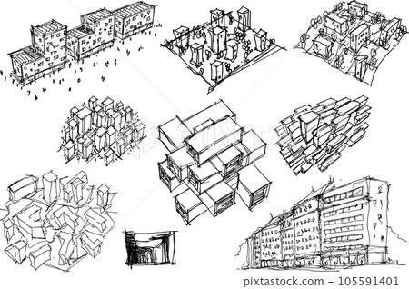 many hand drawn architectectural sketches of architecture and urban ideas, buildings and people 105591401
