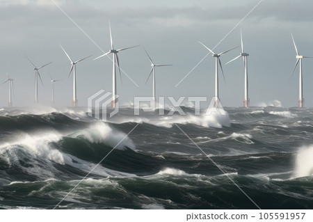 Offshore wind farms in the middle of a stormy northern sea. Beautiful gloomy seascape with the wind generators. Sustainable green energy concept. 3D rendering. 105591957