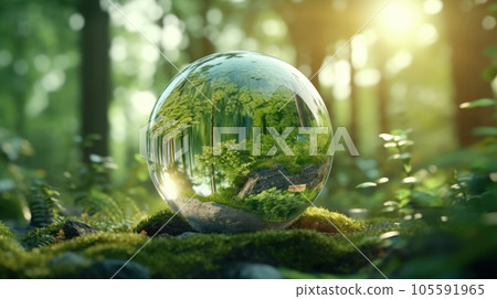 Transparent crystal sphere in a green forest filled with sunlight. Grass and trees are reflected in the glass globe. Protection of water resources concept. Environmental care. Earth Day. 3D rendering. 105591965