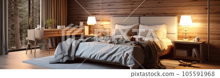 Panoramic image of a country style wooden bedroom in a luxury cottage or hotel. Comfortable large bed, bedside tables, commode, chair, panoramic window. Home decor, cozy interior. 3D rendering. 105591968