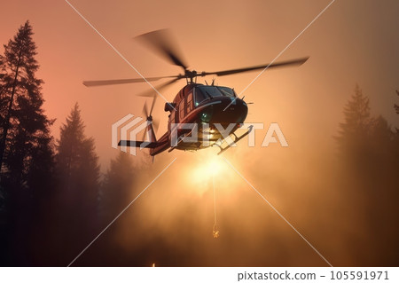 Rescue helicopter extinguishes a forest fire by dropping a large amount of water on a burning coniferous forest. Saving forests, fighting forest fires. Low angle view. 3D rendering. Rescue helicopter extinguishes a forest fire by dropping a large amount of water on a burning coniferous forest. Saving forests, fighting forest fires. Low angle view. 3D rendering. 105591971