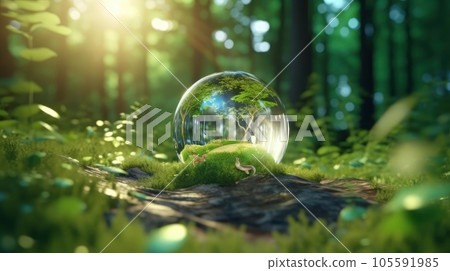 Transparent crystal sphere in a green forest filled with sunlight. Grass and trees are reflected in the glass globe. Protection of water resources concept. Environmental care. Earth Day. 3D rendering. 105591985
