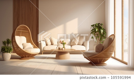 Cozy modern living room interior. Boho style wicker egg chairs with cushions, stylish couch, coffee table, green plants in pots, wall decor add bohemian chic to the bright room. Mockup, 3D rendering. Cozy modern living room interior. Boho style wicker egg chairs with cushions, stylish couch, coffee table, green plants in pots, wall decor add bohemian chic to the bright room. Mockup, 3D rendering. 105591994