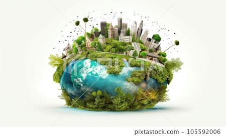 Symbolic image of the globe with elements of human activity and nature. Environment, save clean planet, ecology concept. Saving nature for future generations. Earth Day banner with copy space. 105592006