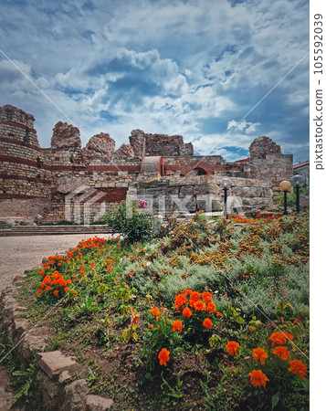 Byzantine fortress ruins of the ancient Thracian settlement Mesembria. The old town of Nessebar on the Black Sea coast, UNESCO world heritage, Burgas Region, Bulgaria 105592039