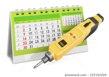 Cordless Screwdriver, Electric Screw Driver with desk calendar, 3D rendering 105592089