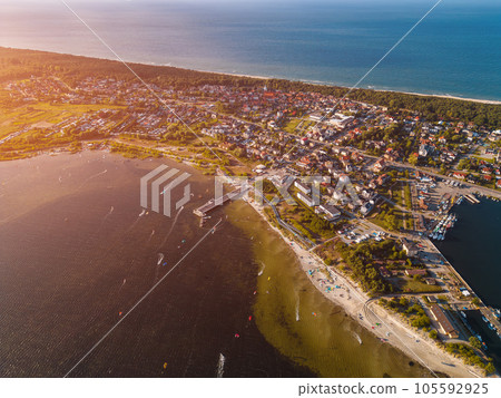 beautiful sunset at Jastarnia town, Poland, Hel peninsula, aerial view 105592925