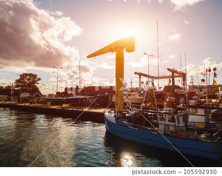 small port with ships and loading crane, Jastarnia, Hel peninsula, Poland 105592930