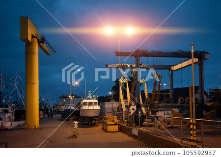 small port with crane and ships at Polish town Jastarnia, Hel peninsula, Poland small port with crane and ships at Polish town Jastarnia, Hel peninsula, Poland 105592937