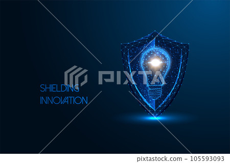 Shielding innovation, protecting, defending innovative ideas and creative concept on blue background 105593093