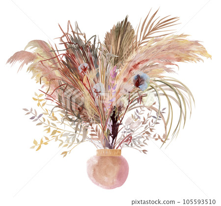 Watercolor vertical bouquet in a boho style vase with white rose flowers with pampas grass Watercolor vertical bouquet in a boho style vase with white rose flowers with pampas grass 105593510