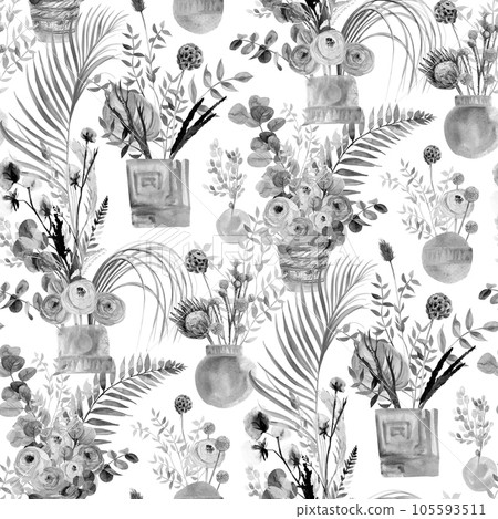 Seamless pattern with vases with sprigs of dried flowers of eucalyptus and ranunculus flowers Seamless pattern with vases with sprigs of dried flowers of eucalyptus and ranunculus flowers 105593511
