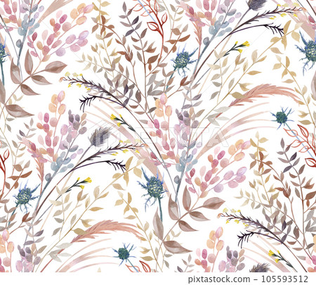 Seamless watercolor pattern with boho style fern branches and leaves drawn 105593512