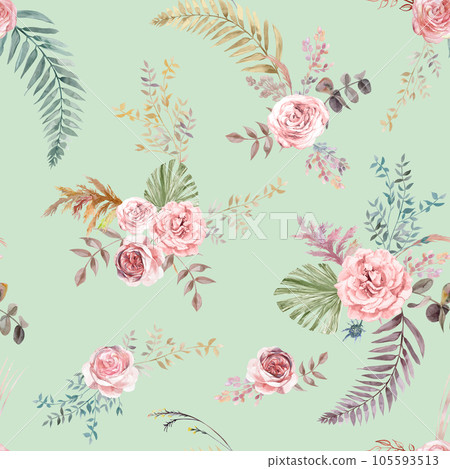 Watercolor vintage seamless pattern with flowers of white roses and tropical palm leaves for summer textiles 105593513