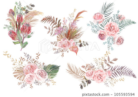 Collection of watercolor bouquets with pink rose flowers and dry palm leaves herbarium in boho style isolated 105593594