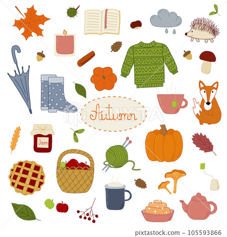 Colourful autumn set in doodle style, cozy fall things, vector 105593866