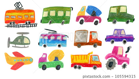 Set of cute stylized oil pastel public, air and construction transport. Bright colorful hand drawn collection of bus, truck, airplane, and tractor for kids textile design, stickers, labels, posters 105594315