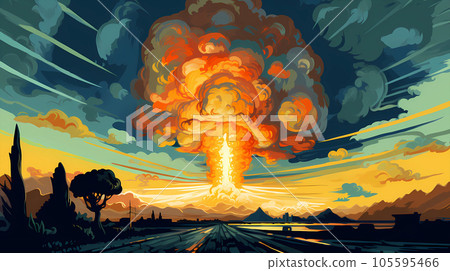 手绘卡通唯美的爆炸蘑菇云插画 105595466