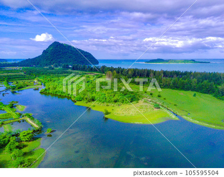 aerial footage of beautiful babah ie village with pond and savannah and pine trees, aceh jaya, Indonesia. 105595504
