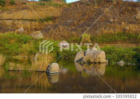 A serene pond reflects the surrounding landscape of lush grass, scattered rocks, and trees in Ranu Manduro, Mojokerto, East Java, Indonesia. A serene pond reflects the surrounding landscape of lush grass, scattered rocks, and trees in Ranu Manduro, Mojokerto, East Java, Indonesia. 105595812