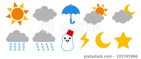 天氣圖標集（晴天、陰天、雨天、陰天有時晴天、降雪、降雨、雪、雷、月亮、星星）-插圖素材 [105595866] - PIXTA圖庫