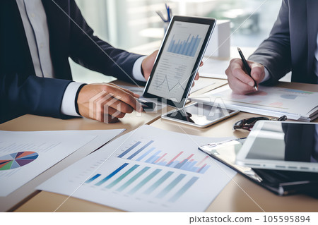 Business people group meeting in office. Profession businesswomen or businessmen working in team conference with project planning document on meeting table. Close up hands of members. Generative Ai. 105595894