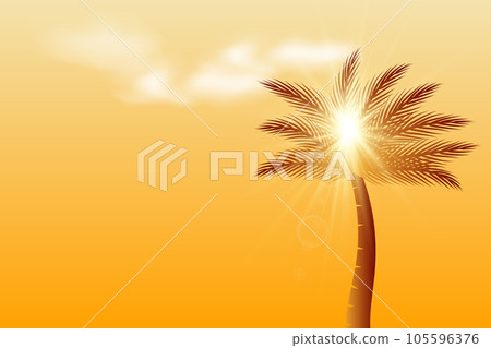 Golden palm tree natural landscape with sunlight, sun ray, and white clouds 105596376