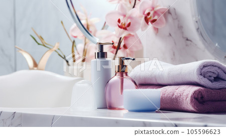 Bathing products in bathroom and spa shampoo with shower gel for cosmetics, by AI Generative. 105596623