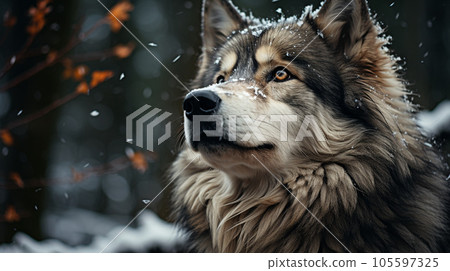 Majestic Alaskan Malamute in Snow-Covered Forest Majestic Alaskan Malamute in Snow-Covered Forest 105597325