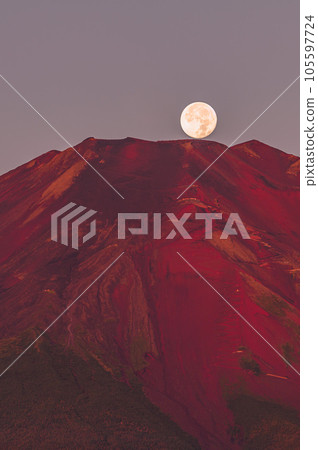 (Pearl Fuji) The summit of Mt. Fuji dyed in the morning glow and the full moon setting (Pearl Fuji) The summit of Mt. Fuji dyed in the morning glow and the full moon setting 105597724