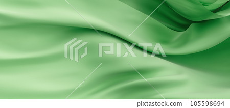 Sheer green curtain cascades in undulating folds. 105598694
