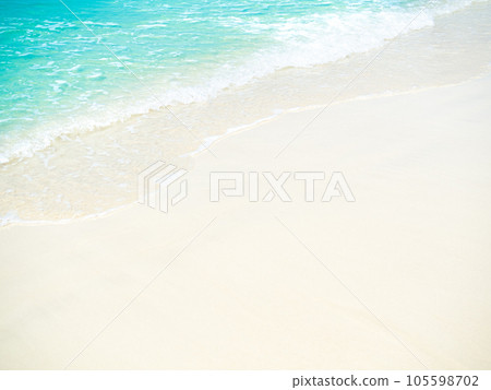 Beach Sand Wave Sea Ocean Background, Blue Water Summer Tropical Seaside, White Foam Calm Shore on Sandy at Coast, Island Landscape Sun Day. 105598702