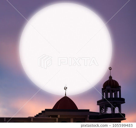 Mosques Dome,Moon on Dusk Sunset Twilight Sky Background,Islamic New Year Muharram,Islamic Religion Symbols Ramadan and Arabic,Eid al-Adha,Eid al-fitr,Mubarak,Kareem Holy Muslim,Mubarak God. 105599483