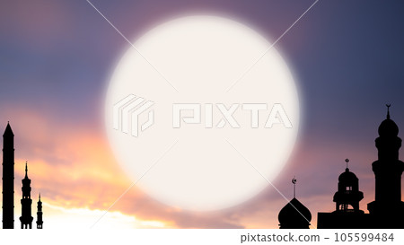 Mosques Dome,Moon on Dusk Sunset Twilight Sky Background,Islamic New Year Muharram,Islamic Religion Symbols Ramadan and Arabic,Eid al-Adha,Eid al-fitr,Mubarak,Kareem Holy Muslim,Mubarak God. 105599484