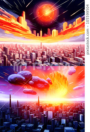 Sci-fi scene where a meteorite explodes over a city, digital art style illustration 2-piece set | Generative 105599504
