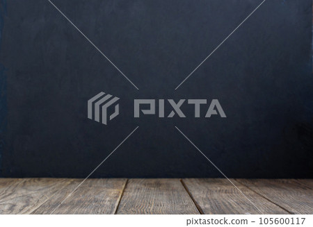 Blank black Chalkboard Background. Empty Wooden table. back to school concept. Copy space 105600117