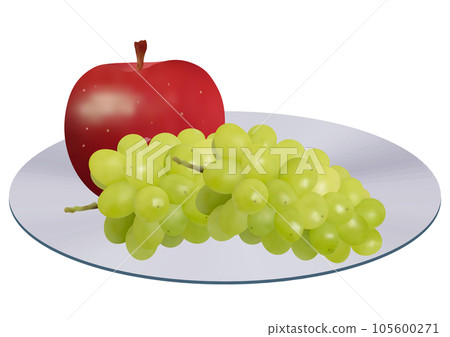 “蘋果”和“兩串葡萄”盛在鋼盤上的陽光麝香葡萄酒 105600271