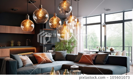 Several glass globe-shaped pendant lights above a sofa in a cozy living room. Elegant modern interior design with an emphasis on lighting. Mockup, 3D rendering. 105601073
