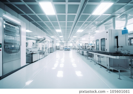 Contemporary drug production workshop interior. Spacy bright sterile room, facility with modern industrial machinery. Manufacturing process: pharmaceutics, semiconductors, biotechnology. 3D rendering. 105601081