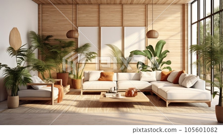 Cozy elegant boho style living room interior in natural colors. Comfortable couch with cushions, many houseplants, wooden coffee table, wicker pendant lights, soft carpet, home decor. 3D rendering. Cozy elegant boho style living room interior in natural colors. Comfortable couch with cushions, many houseplants, wooden coffee table, wicker pendant lights, soft carpet, home decor. 3D rendering. 105601082