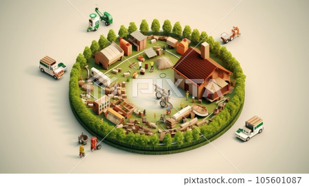 Illustration of human life, symbolizing the circular nature of economic development. Habitation, energy, industry, agriculture, science, transportation, recycling. Mockup, isolated. Illustration of human life, symbolizing the circular nature of economic development. Habitation, energy, industry, agriculture, science, transportation, recycling. Mockup, isolated. 105601087